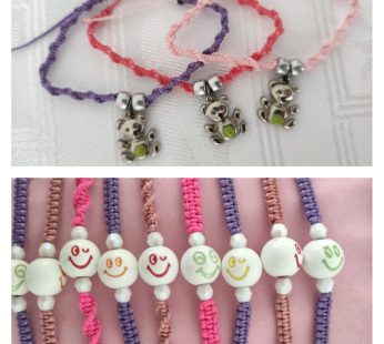 Children’s bracelet made with macrame weaving, wax thread and different accessories